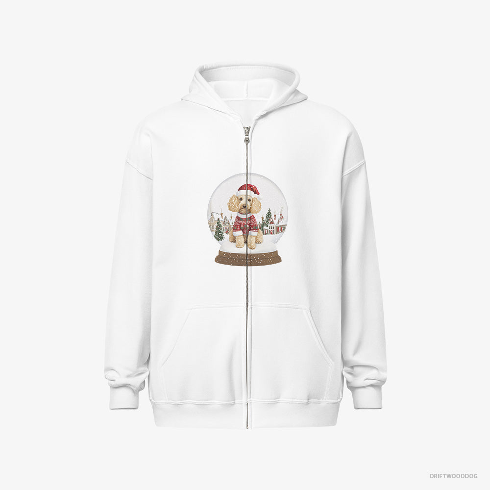 Poodle Hoodie – Men White Hoodie Full-Zip – in a Christmas Snow Globe (on White Background)