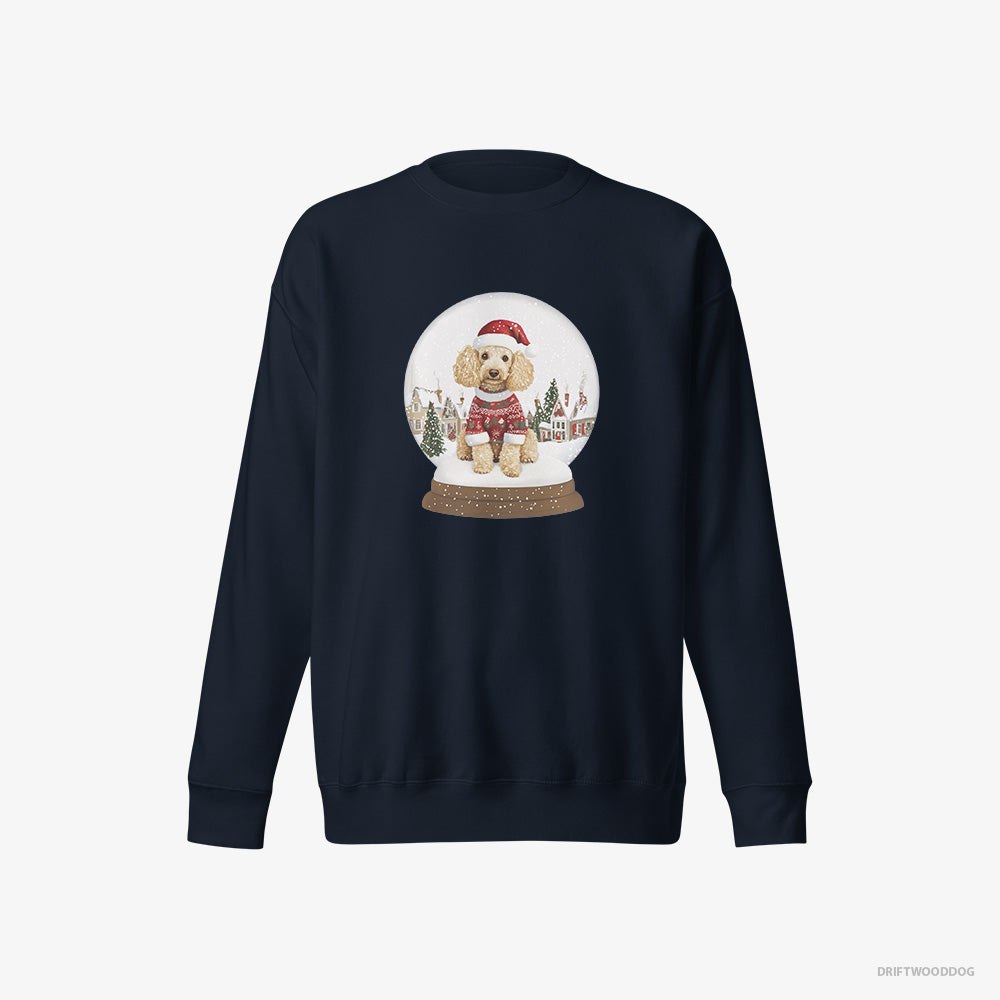 Poodle Sweatshirt – Women Navy Sweatshirt Eco-Friendly – in a Christmas Snow Globe (on White Background)