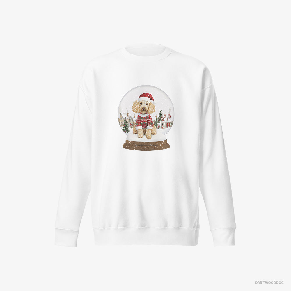 Poodle Sweatshirt – Women White Sweatshirt Eco-Friendly – in a Christmas Snow Globe (on White Background)