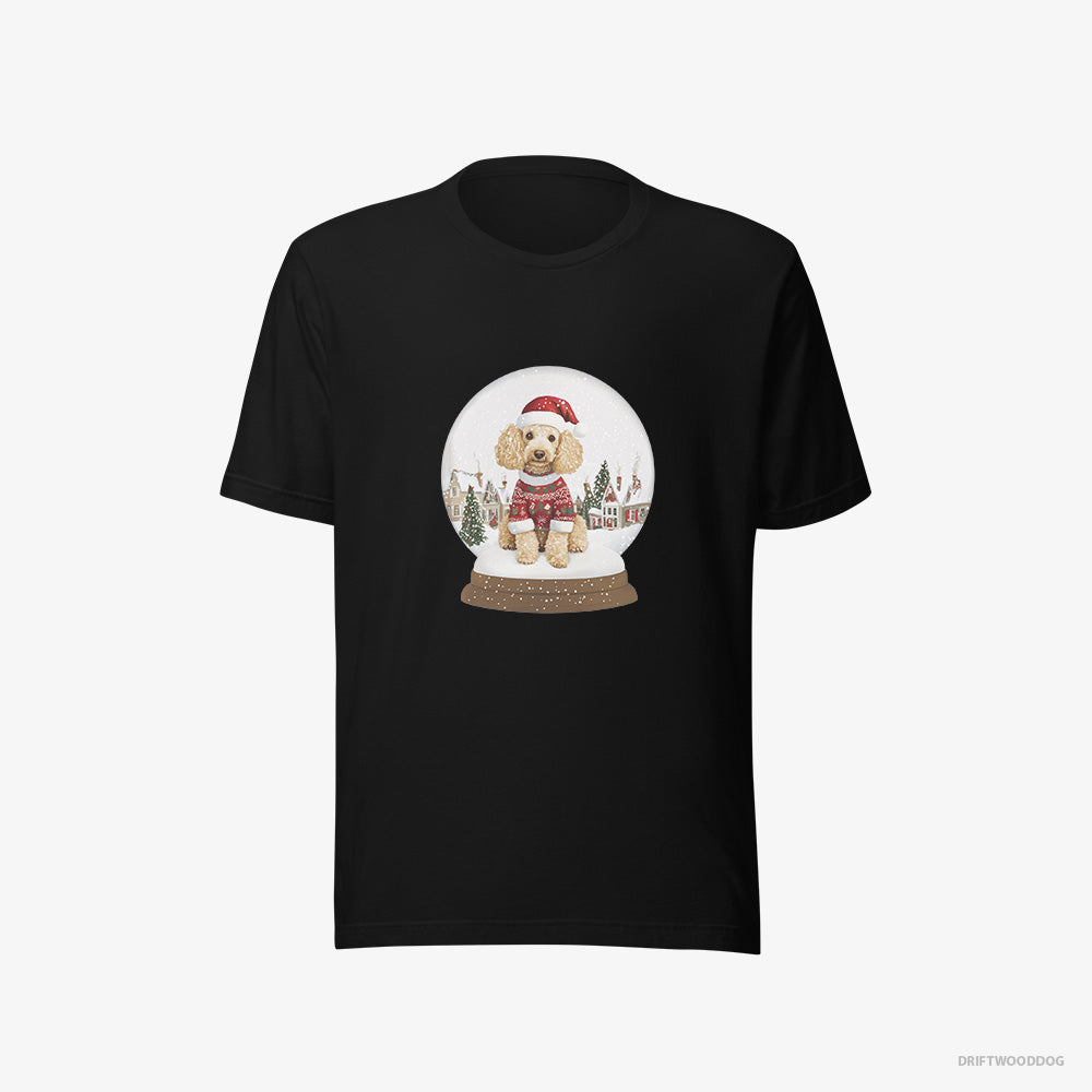 Poodle T-Shirt – Women Black T-Shirt Eco-Friendly – in a Christmas Snow Globe (on White Background)