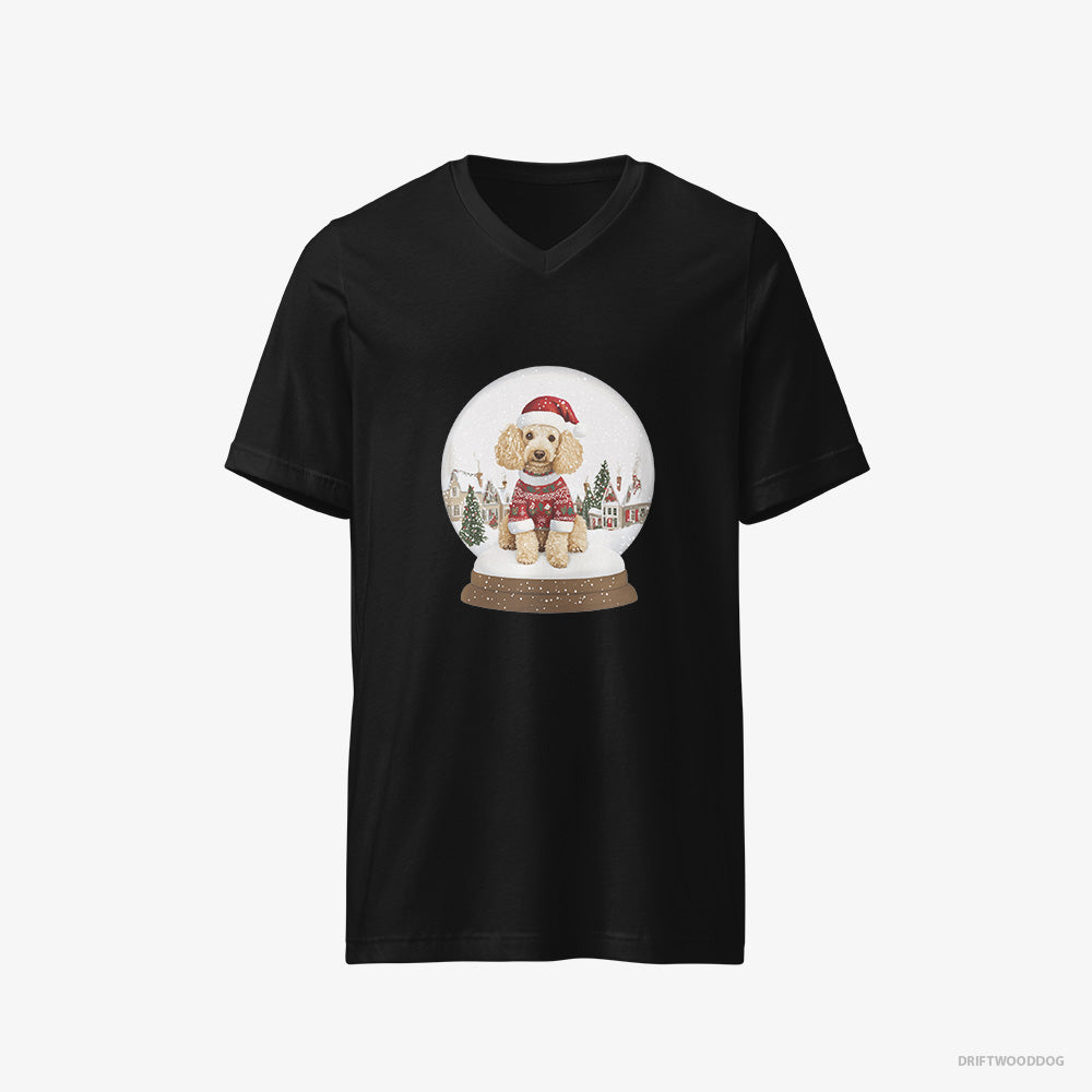 Poodle T-Shirt – Men Black T-Shirt V-Neck – in a Christmas Snow Globe (on White Background)