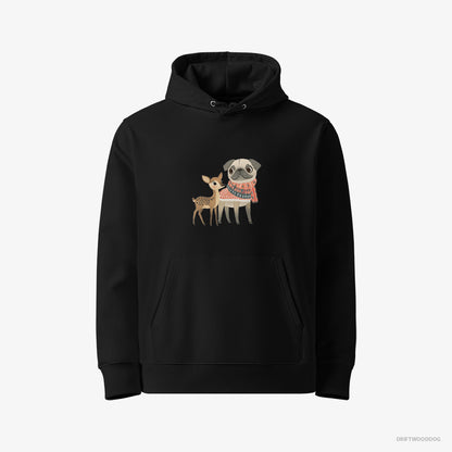 Pug Hoodie – Men Black Hoodie Eco-Friendly – and a Fawn Enjoying the Walk (on White Background)