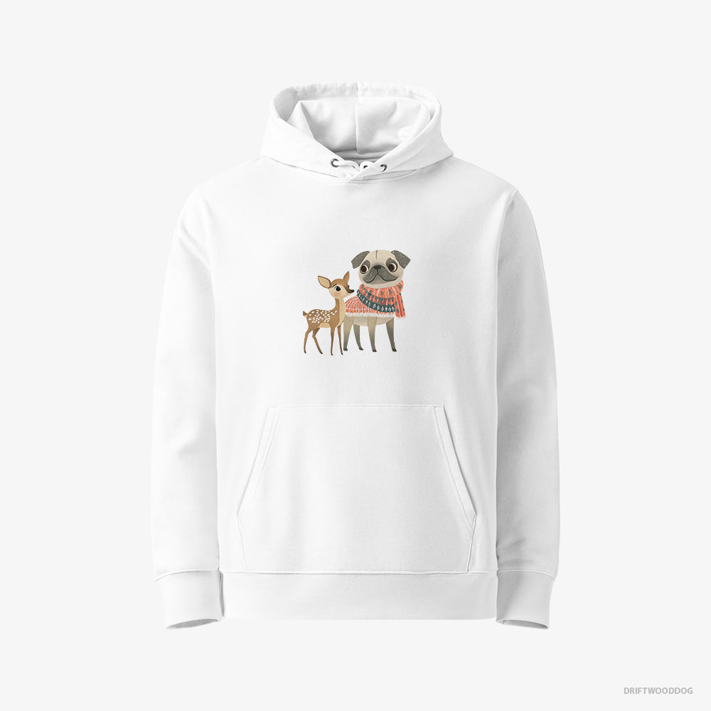 Pug Hoodie – Women White Hoodie Eco-Friendly – and a Fawn Enjoying the Walk (on White Background)