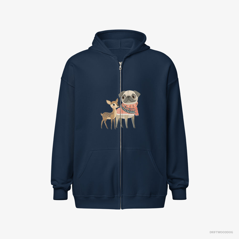 Pug Hoodie – Men Navy Hoodie Full-Zip – and a Fawn Enjoying the Walk (on White Background)