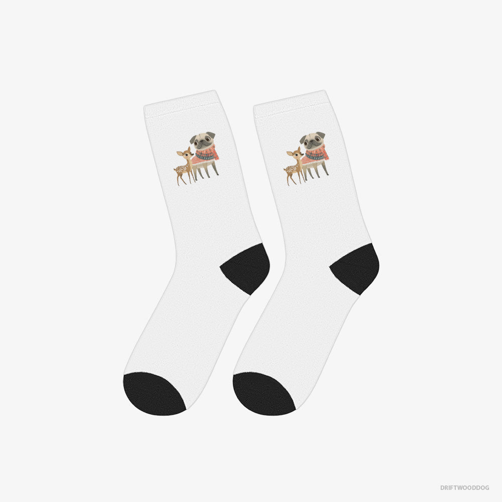 Pug Socks – Unisex White Socks Classic – and a Fawn Enjoying the Walk (on White Background)