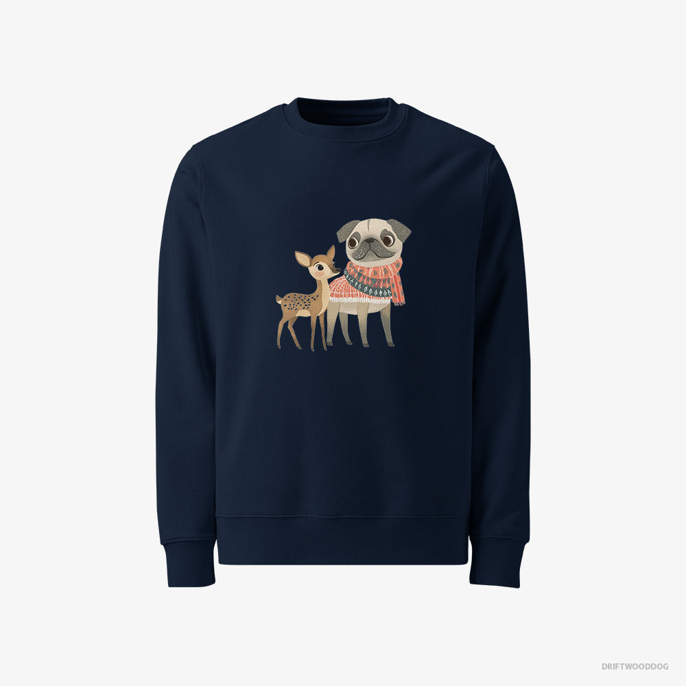 Pug Sweatshirt – Men Navy Sweatshirt Classic – and a Fawn Enjoying the Walk (on White Background)