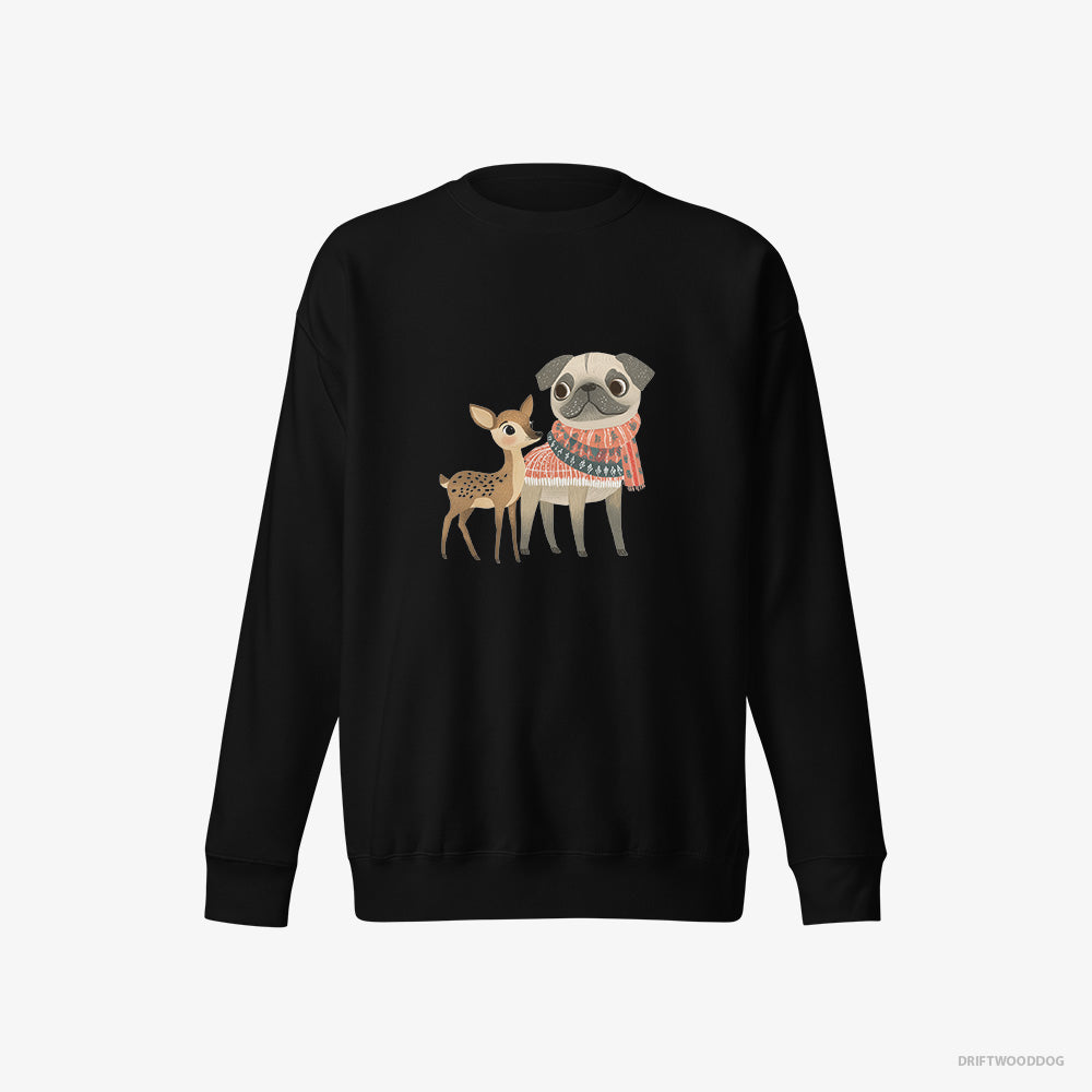 Pug Sweatshirt – Women Black Sweatshirt Eco-Friendly – and a Fawn Enjoying the Walk (on White Background)