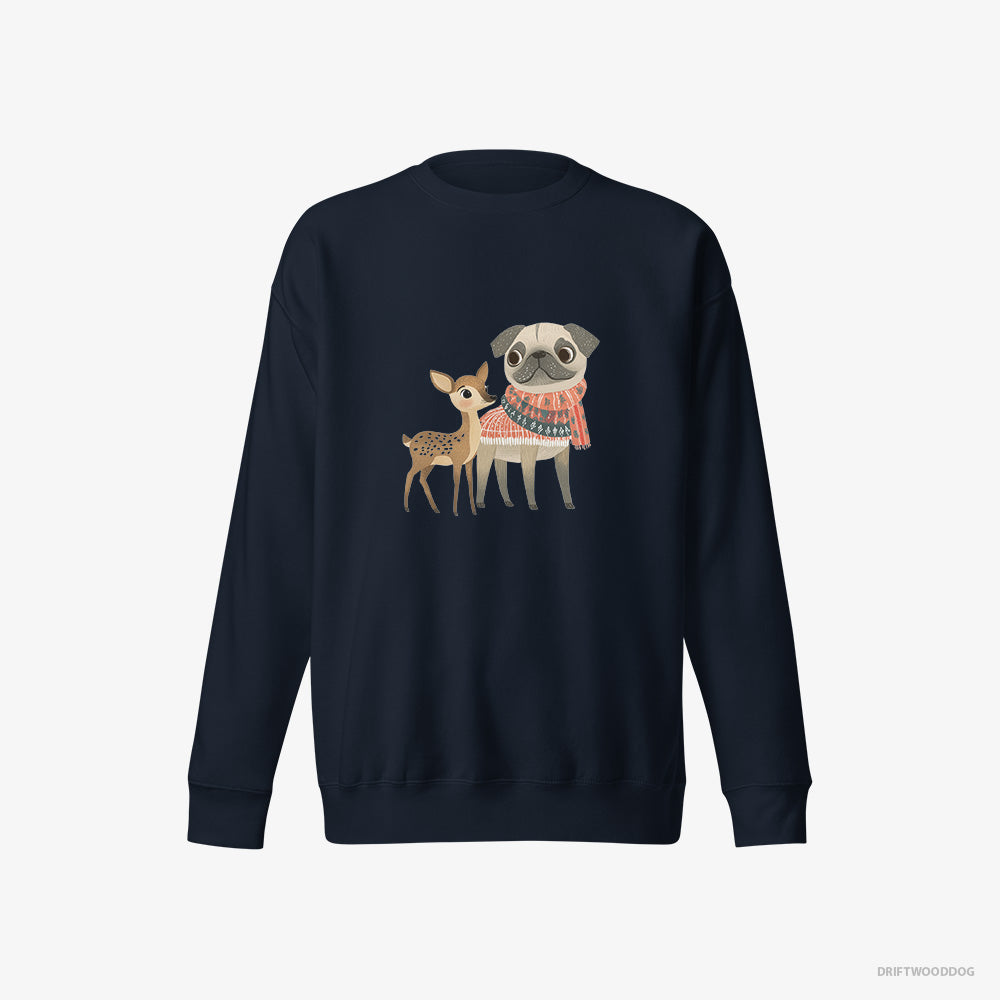 Pug Sweatshirt – Women Navy Sweatshirt Eco-Friendly – and a Fawn Enjoying the Walk (on White Background)