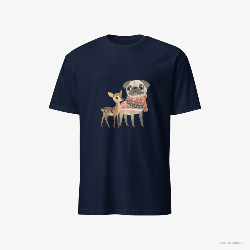 Pug T-Shirt – Men Navy T-Shirt Classic – and a Fawn Enjoying the Walk (on White Background)