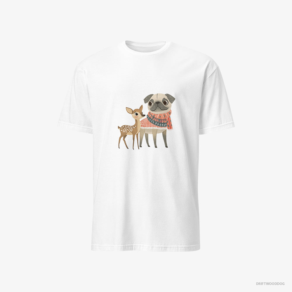 Pug T-Shirt – Men White T-Shirt Classic – and a Fawn Enjoying the Walk (on White Background)