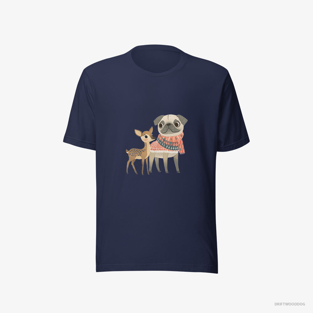 Pug T-Shirt – Men Navy T-Shirt Eco-Friendly – and a Fawn Enjoying the Walk (on White Background)