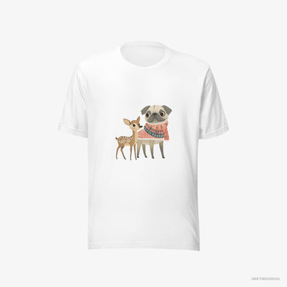 Pug T-Shirt – Men White T-Shirt Eco-Friendly – and a Fawn Enjoying the Walk (on White Background)