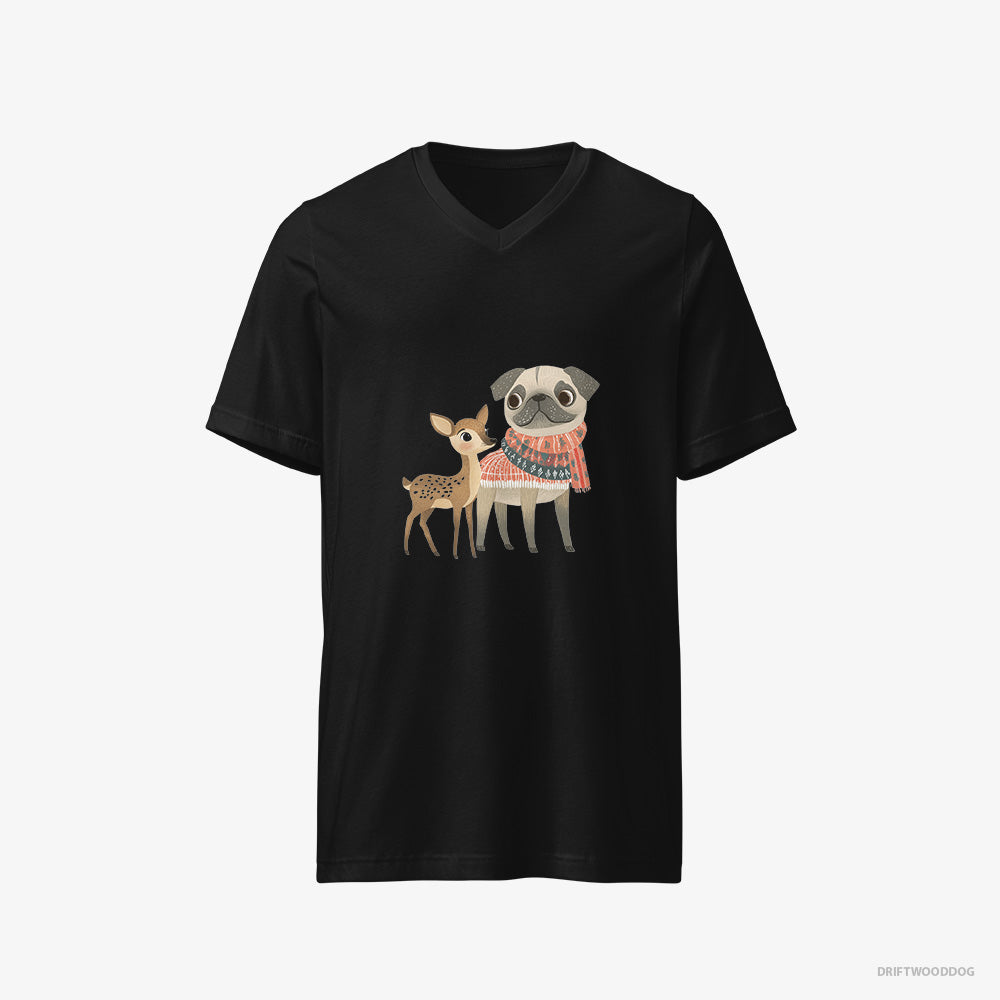 Pug T-Shirt – Men Black T-Shirt V-Neck – and a Fawn Enjoying the Walk (on White Background)