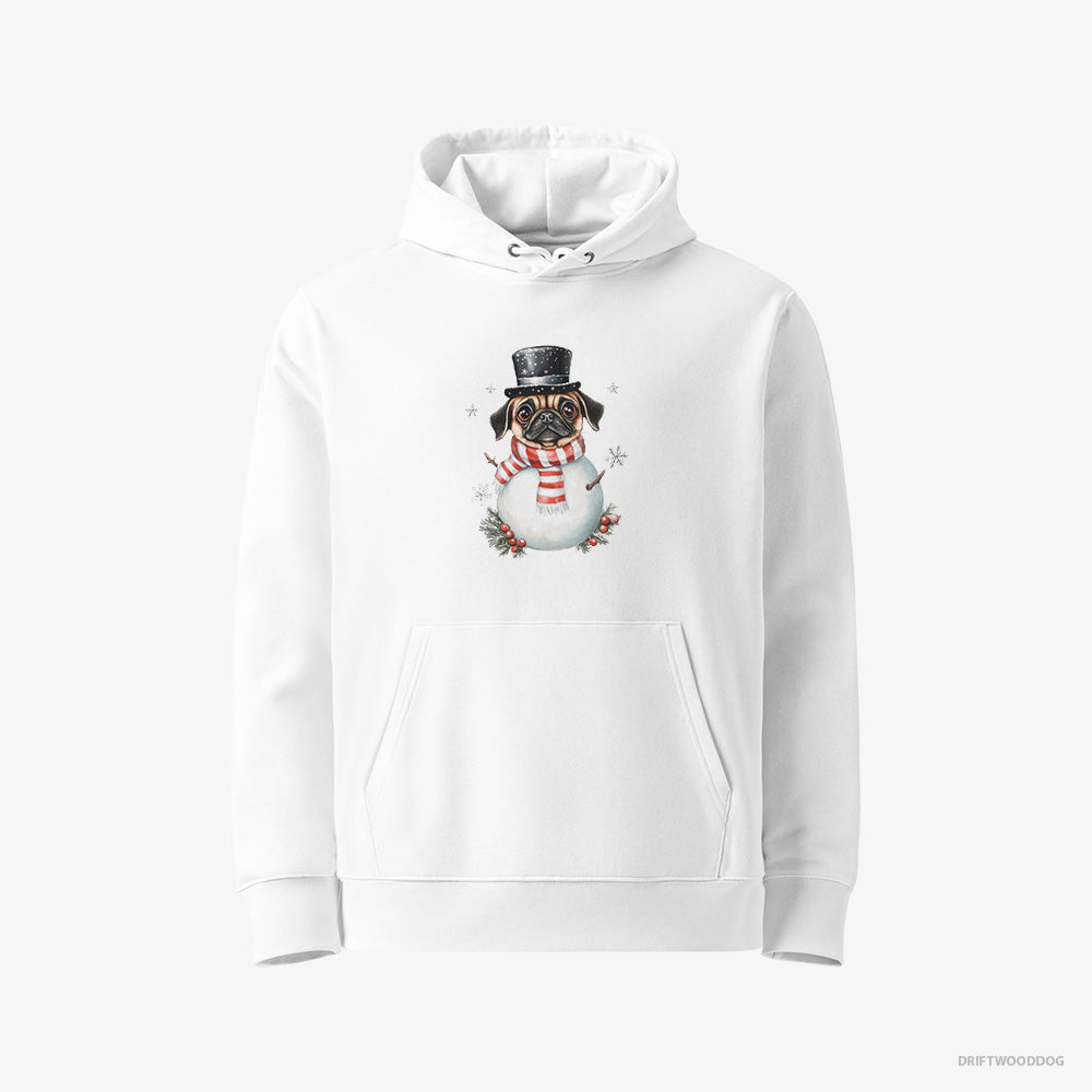 Pug Hoodie – Women White Hoodie Eco-Friendly – Rocking a Snowman Costume (on White Background)