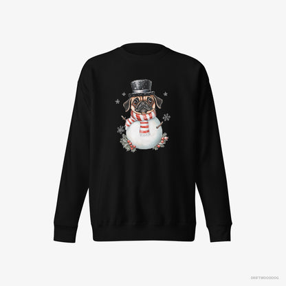 Pug Sweatshirt – Men Black Sweatshirt Eco-Friendly – Rocking a Snowman Costume (on White Background)