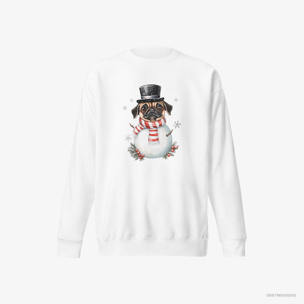 Pug Sweatshirt – Men White Sweatshirt Eco-Friendly – Rocking a Snowman Costume (on White Background)