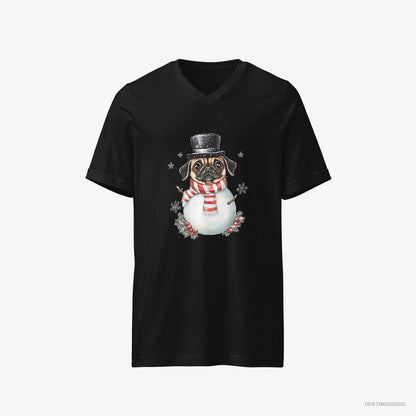 Pug T-Shirt – Men Black T-Shirt V-Neck – Rocking a Snowman Costume (on White Background)