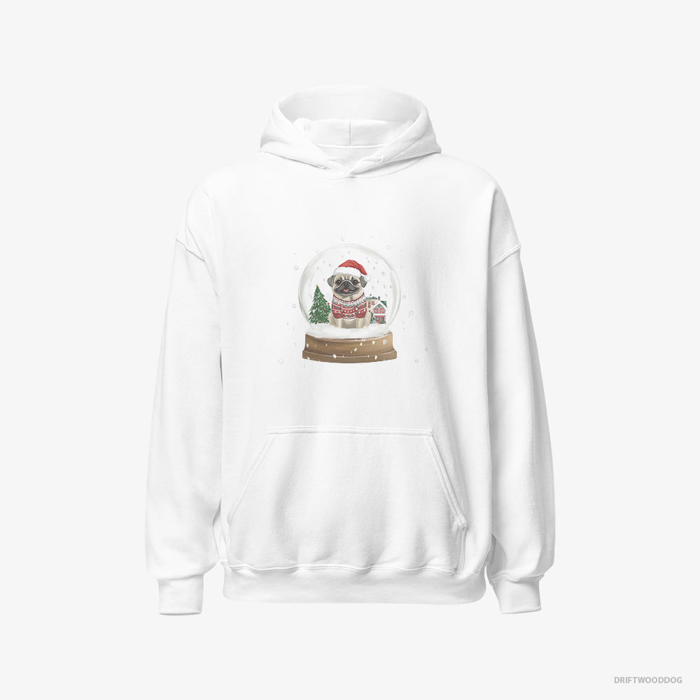 Pug Hoodie – Men White Hoodie Classic – in a Festive Snow Globe (on White Background)