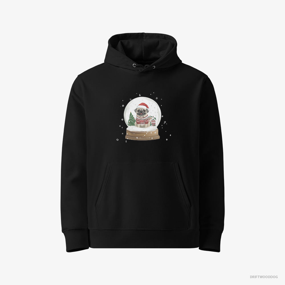 Pug Hoodie – Men Black Hoodie Eco-Friendly – in a Festive Snow Globe (on White Background)