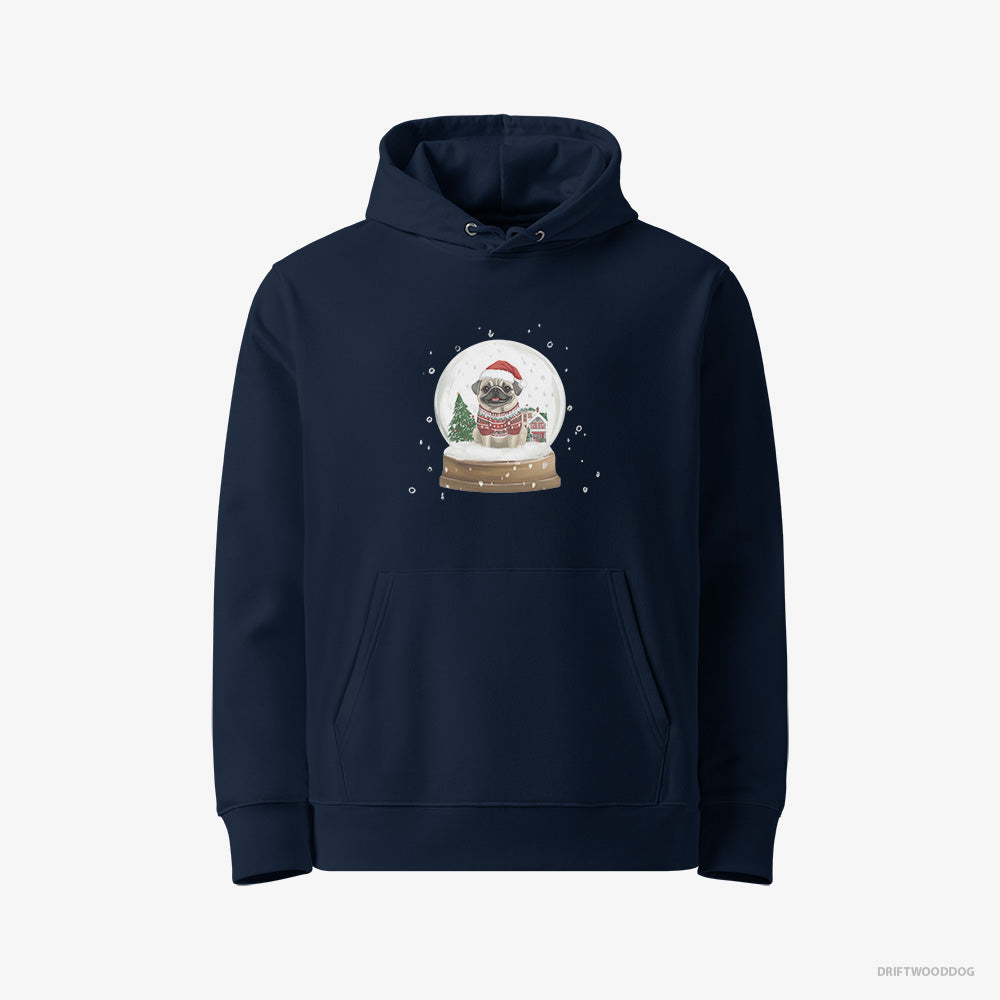 Pug Hoodie – Women Navy Hoodie Eco-Friendly – in a Festive Snow Globe (on White Background)