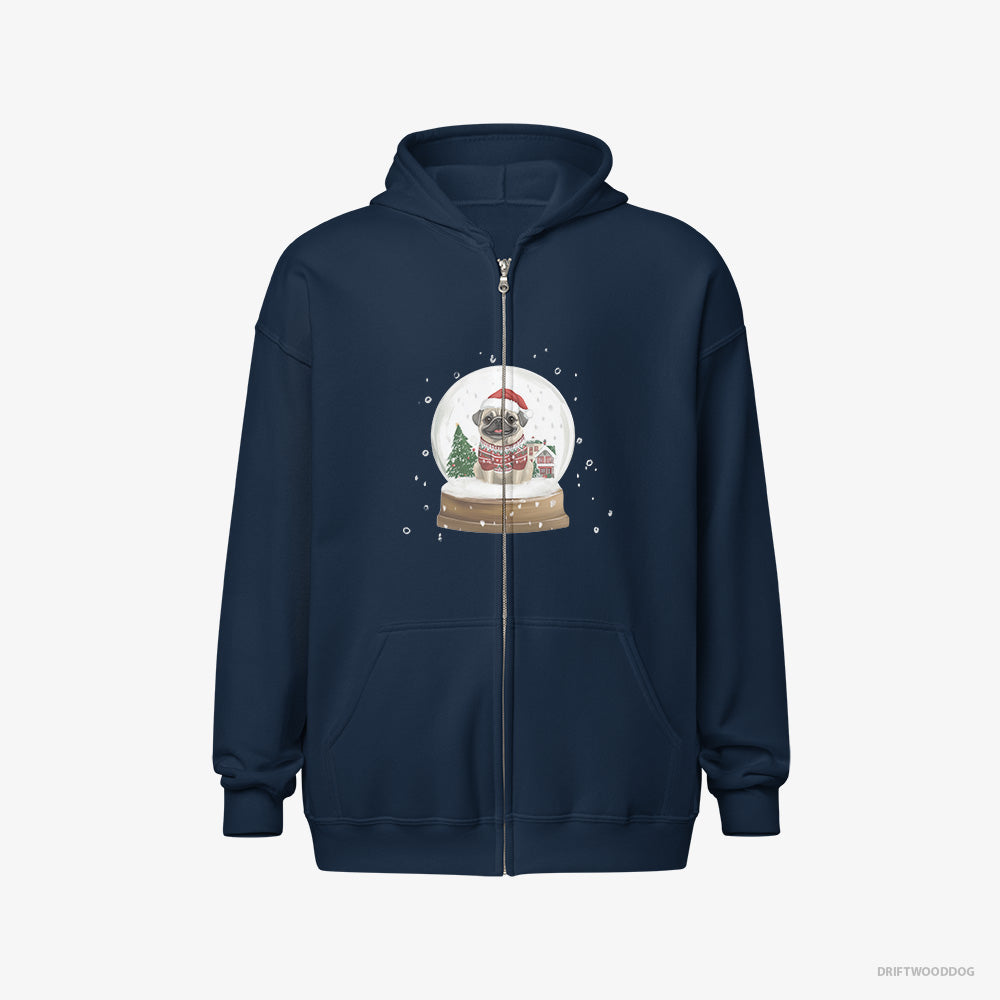 Pug Hoodie – Men Navy Hoodie Full-Zip – in a Festive Snow Globe (on White Background)