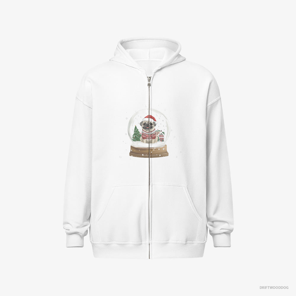 Pug Hoodie – Men White Hoodie Full-Zip – in a Festive Snow Globe (on White Background)