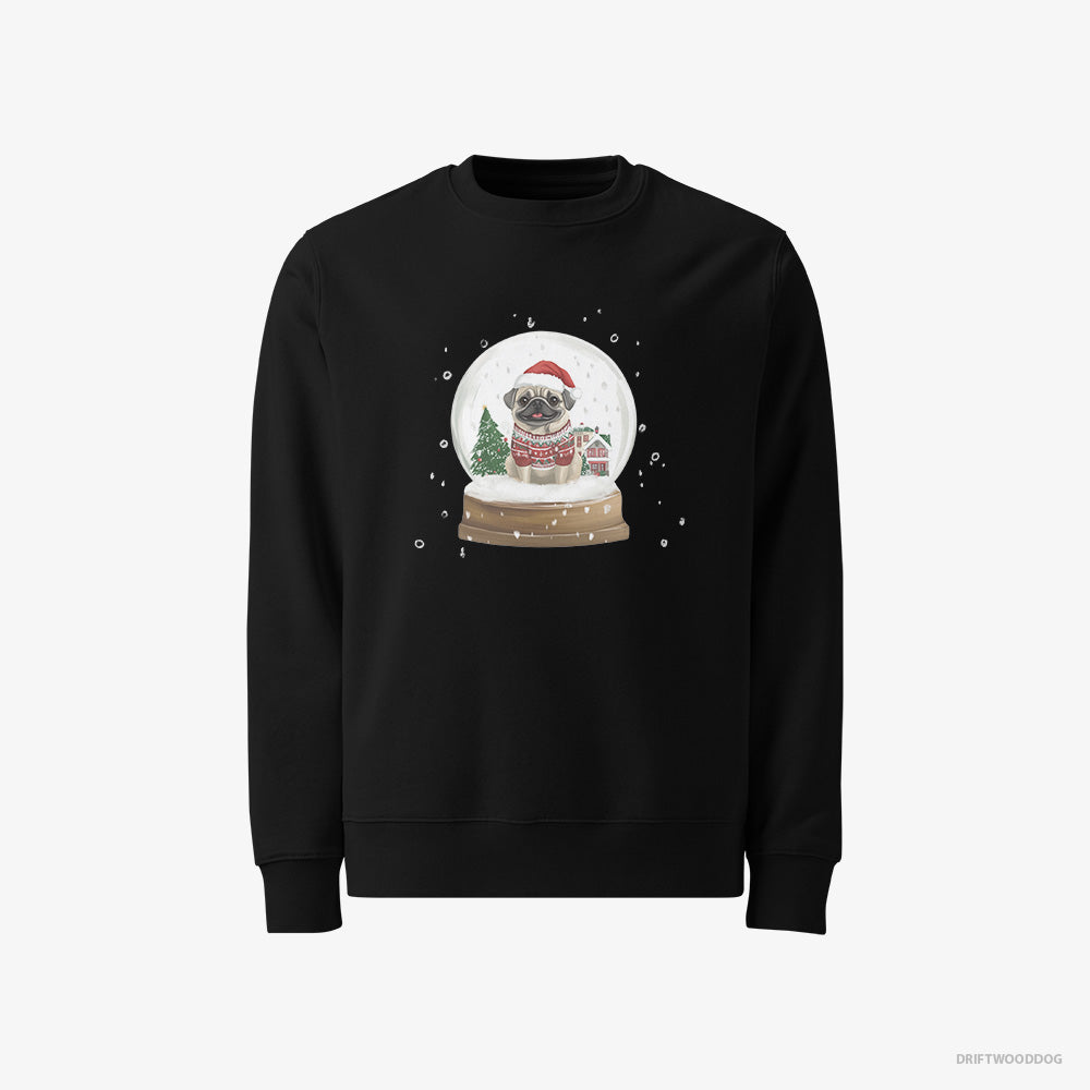 Pug Sweatshirt – Men Black Sweatshirt Classic – in a Festive Snow Globe (on White Background)