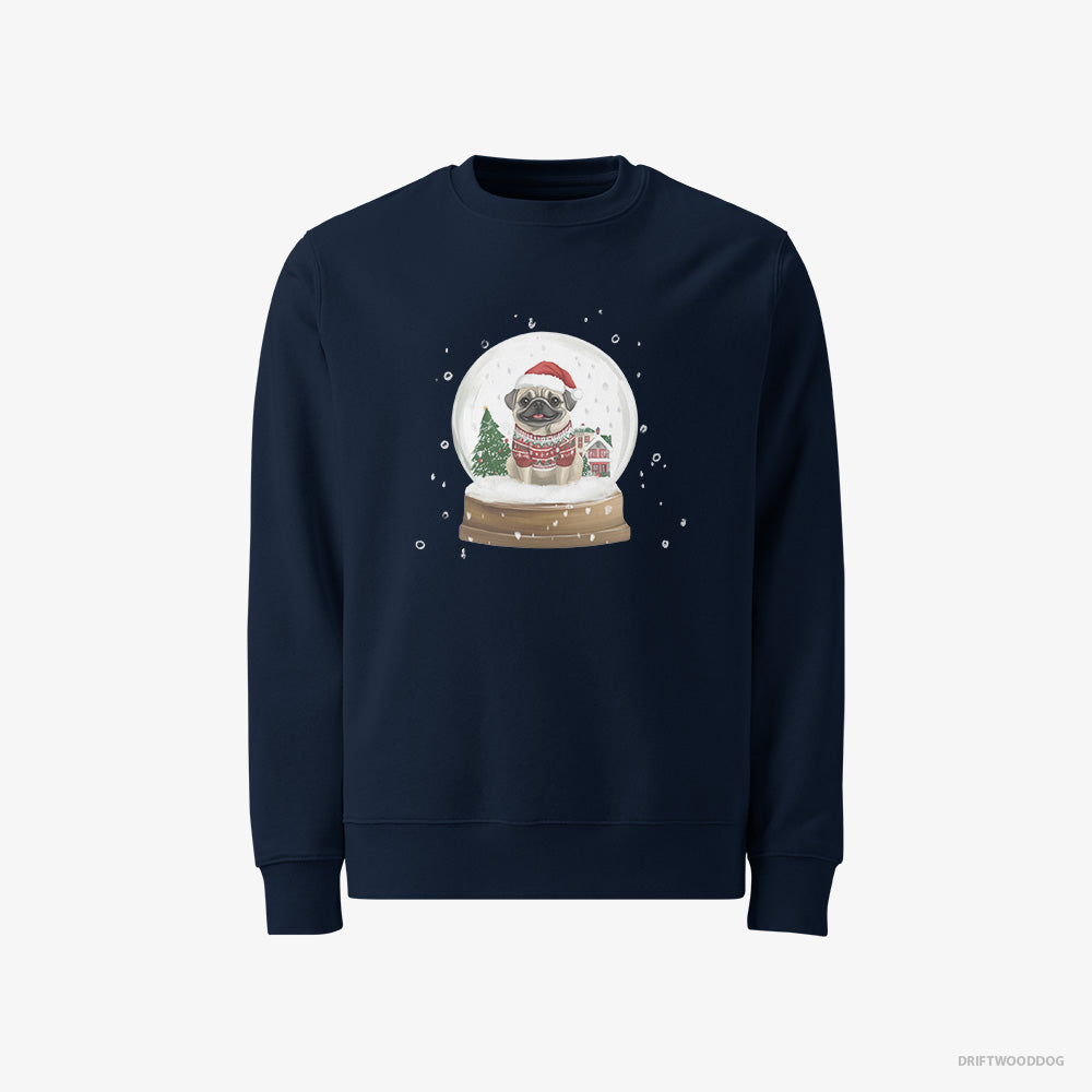 Pug Sweatshirt – Men Navy Sweatshirt Classic – in a Festive Snow Globe (on White Background)