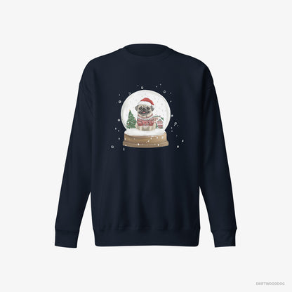 Pug Sweatshirt – Women Navy Sweatshirt Eco-Friendly – in a Festive Snow Globe (on White Background)