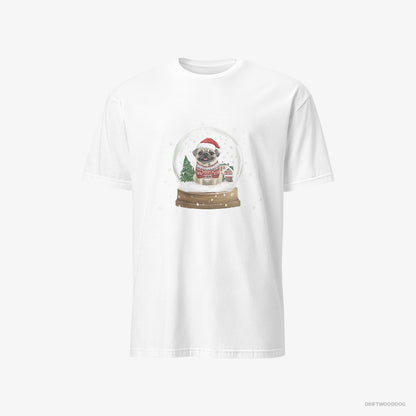 Pug T-Shirt – Men White T-Shirt Classic – in a Festive Snow Globe (on White Background)