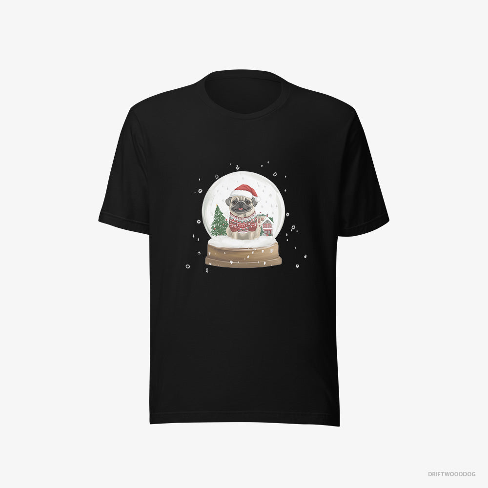 Pug T-Shirt – Men Black T-Shirt Eco-Friendly – in a Festive Snow Globe (on White Background)