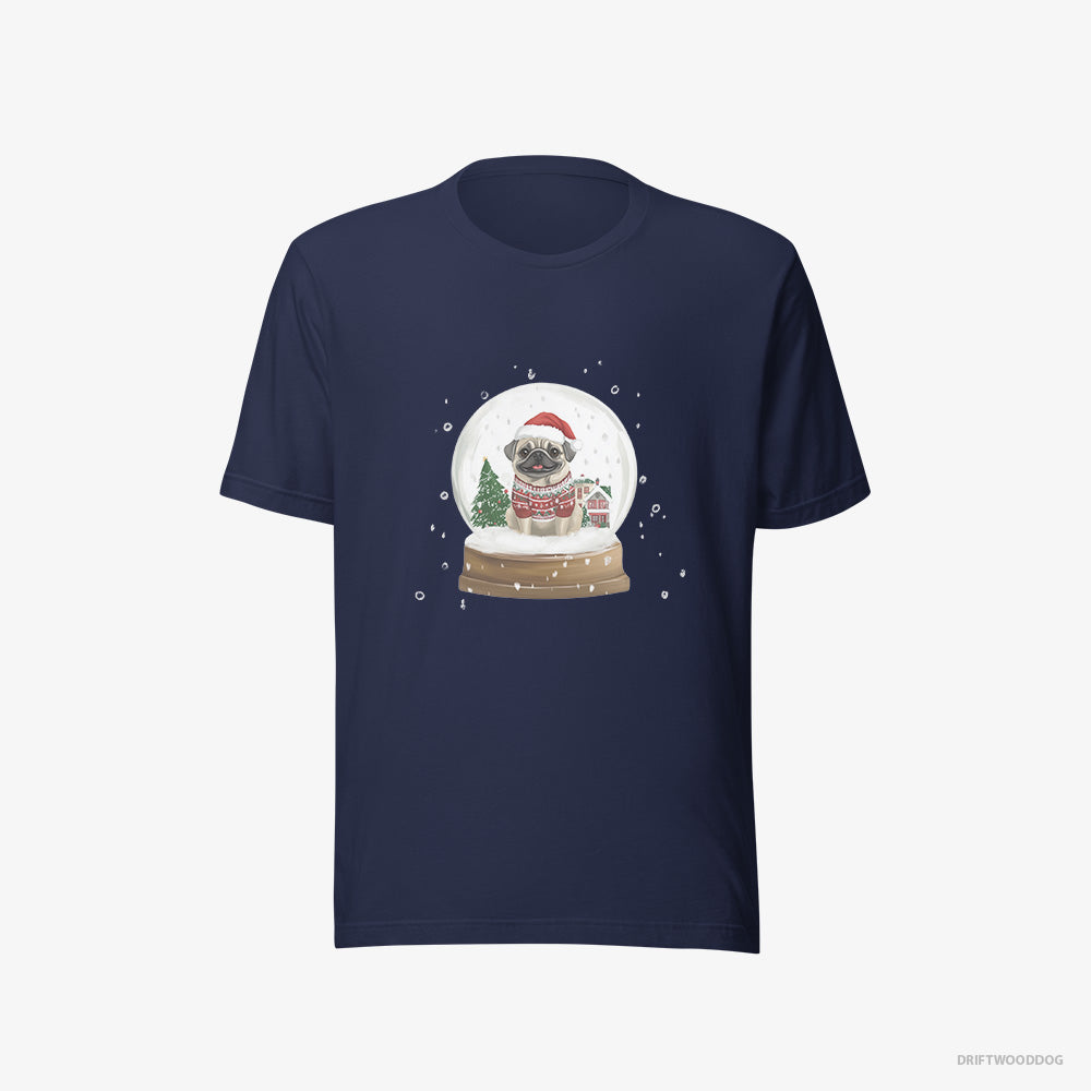 Pug T-Shirt – Women Navy T-Shirt Eco-Friendly – in a Festive Snow Globe (on White Background)