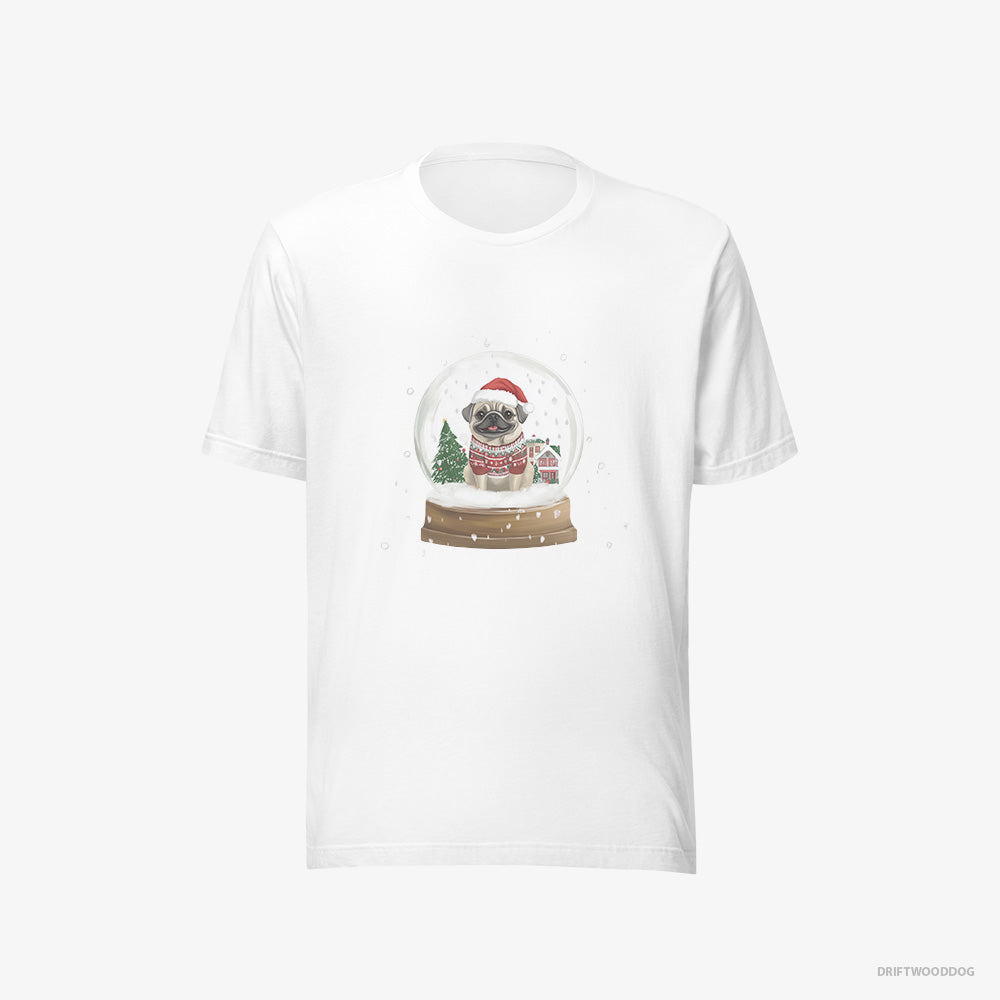 Pug T-Shirt – Men White T-Shirt Eco-Friendly – in a Festive Snow Globe (on White Background)