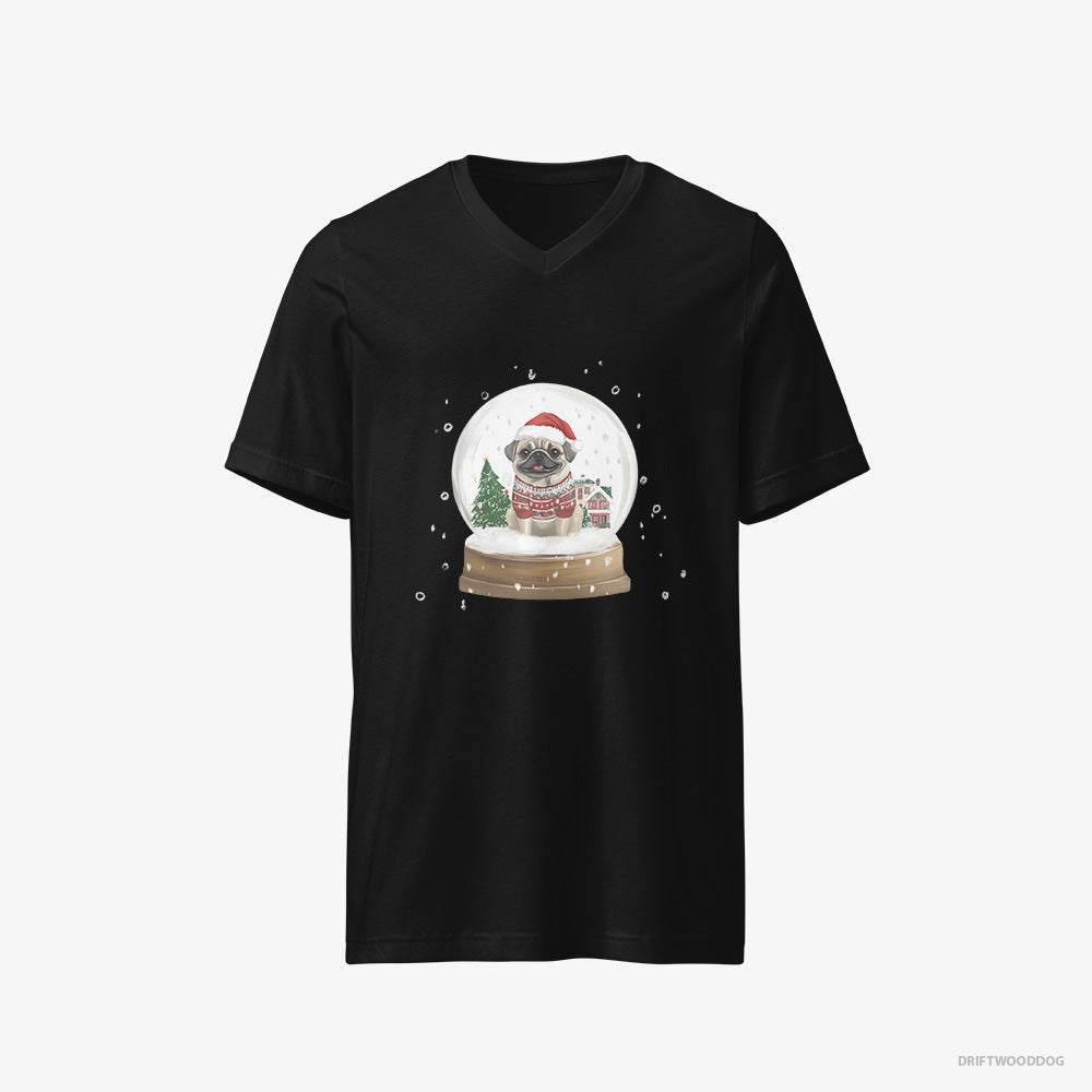 Pug T-Shirt – Men Black T-Shirt V-Neck – in a Festive Snow Globe (on White Background)