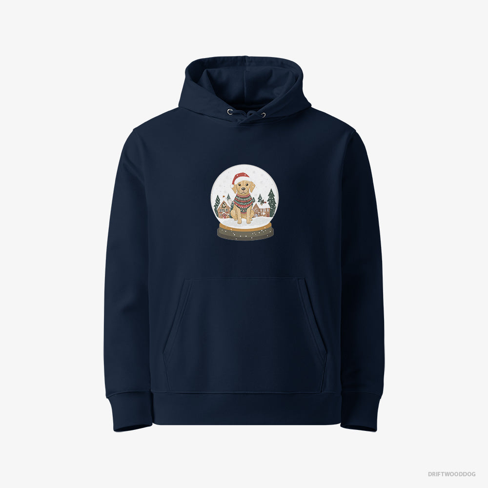 Labrador Retriever Hoodie – Women Navy Hoodie Eco-Friendly – in a Christmas Snow Globe (on White Background)