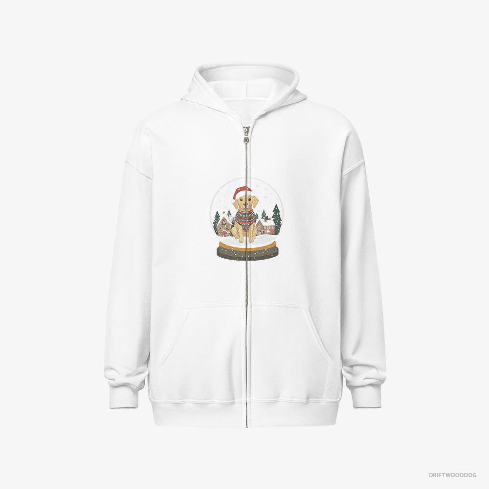 Labrador Retriever Hoodie – Men White Hoodie Full-Zip – in a Christmas Snow Globe (on White Background)