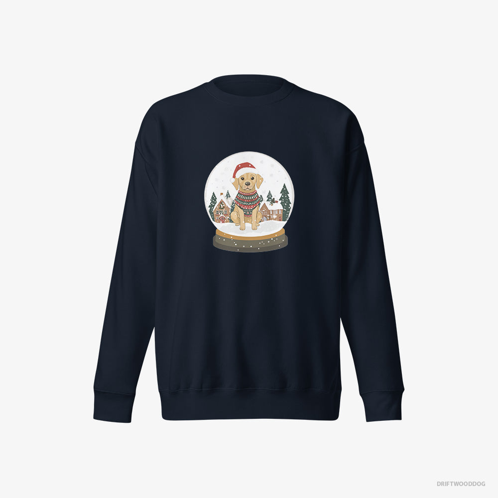 Labrador Retriever Sweatshirt – Women Navy Sweatshirt Eco-Friendly – in a Christmas Snow Globe (on White Background)