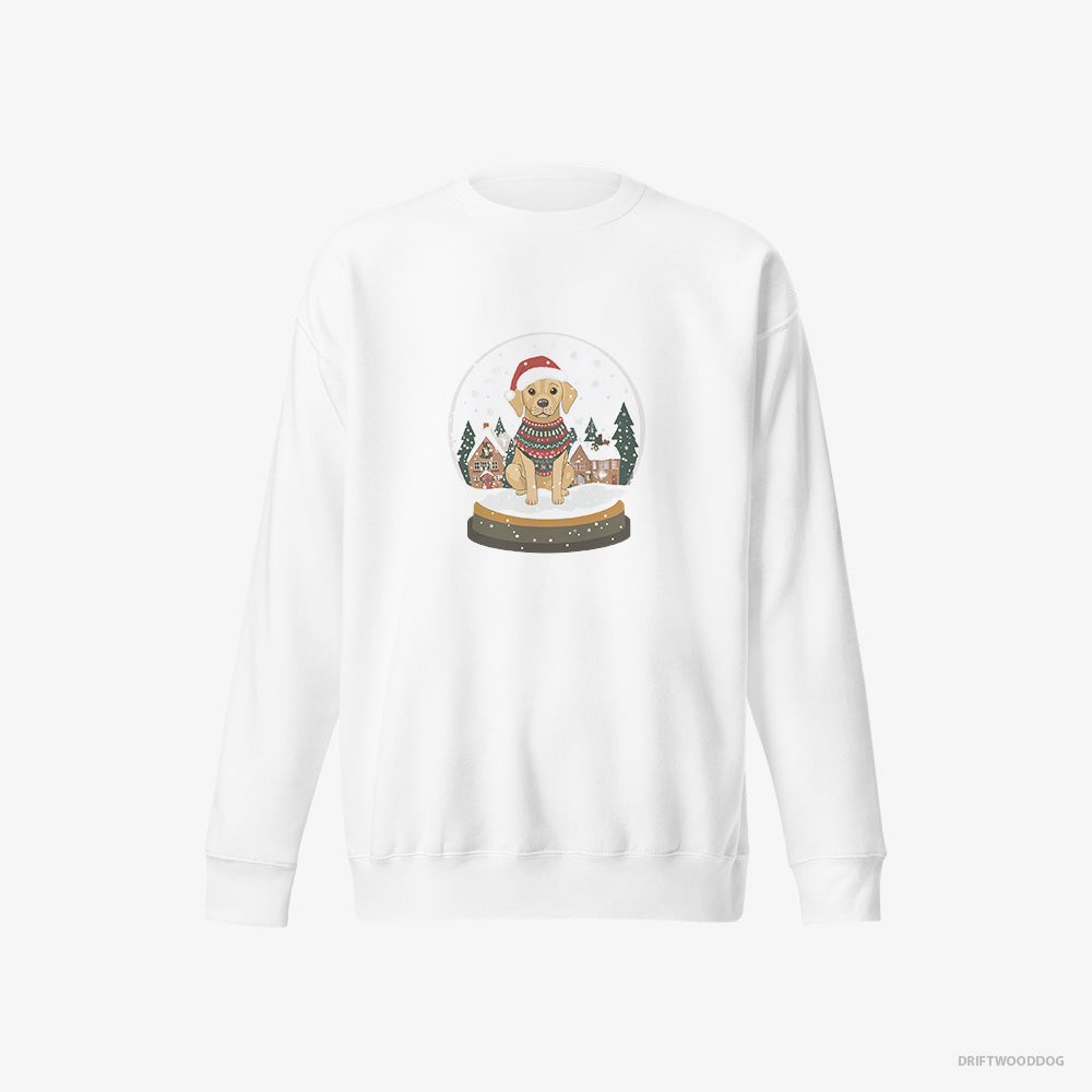 Labrador Retriever Sweatshirt – Women White Sweatshirt Eco-Friendly – in a Christmas Snow Globe (on White Background)