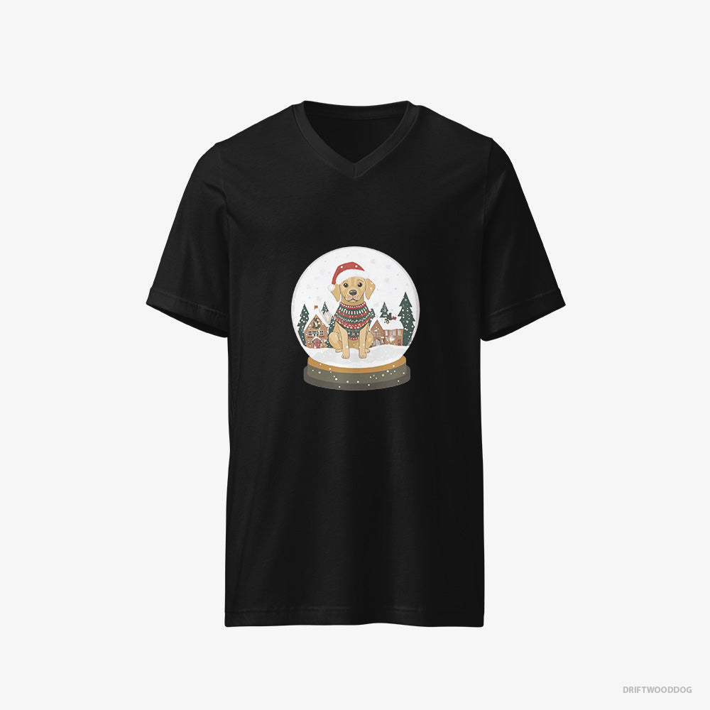 Labrador Retriever T-Shirt – Men Black T-Shirt V-Neck – in a Christmas Snow Globe (on White Background)