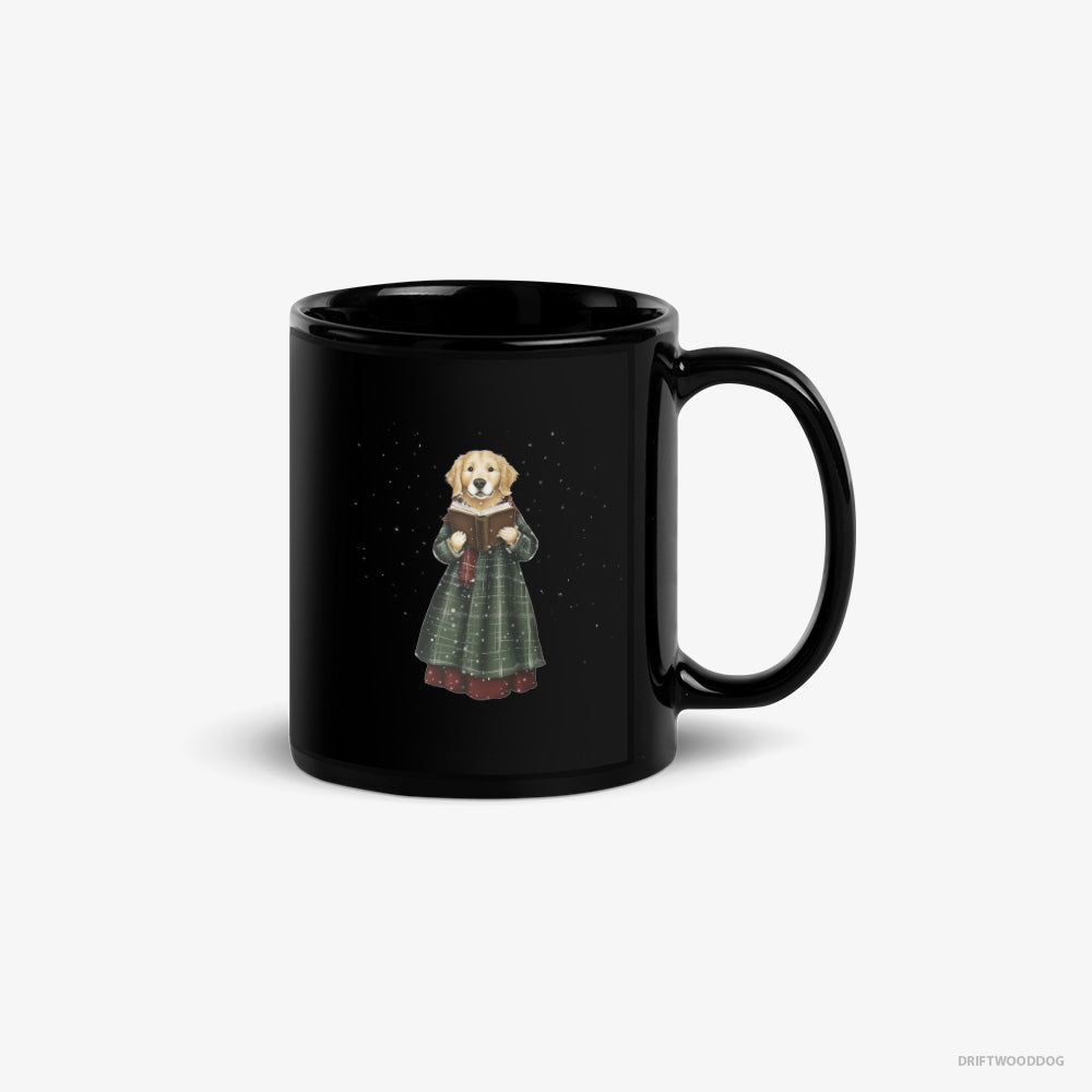 Golden Retriever Mug – Unisex Black Mug Classic – Carolling with a Book (on White Background)