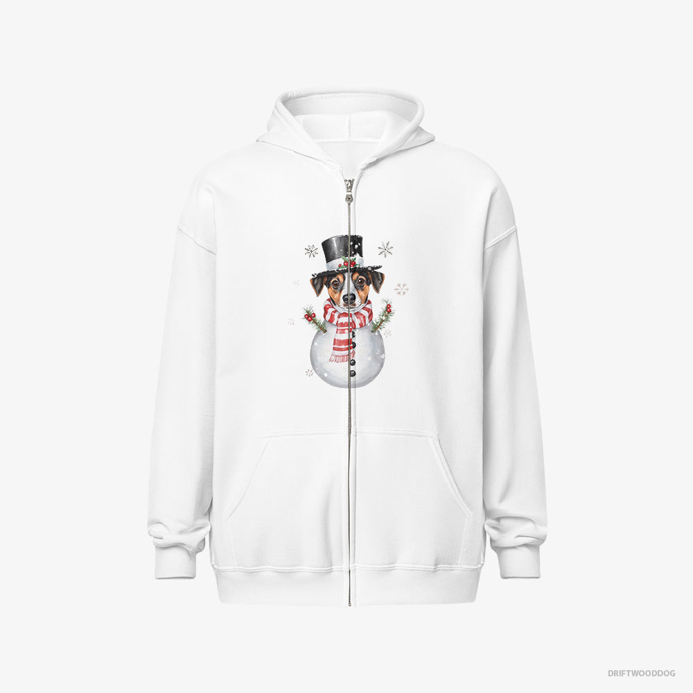 Jack Russell Terrier Hoodie – Men White Hoodie Full-Zip – as a Snowman (on White Background)