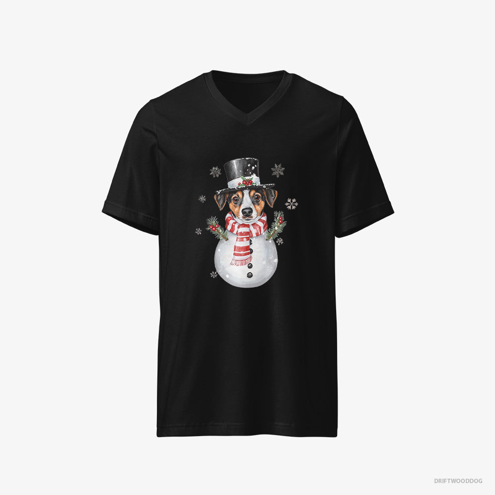 Jack Russell Terrier T-Shirt – Men Black T-Shirt V-Neck – as a Snowman (on White Background)