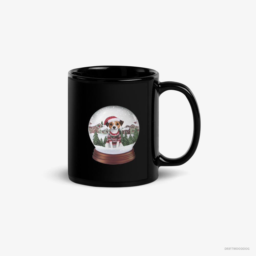 Jack Russell Terrier Mug – Unisex Black Mug Classic – Inside a Holiday Snow Globe (on White Background)