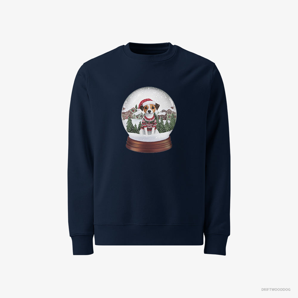 Jack Russell Terrier Sweatshirt – Men Navy Sweatshirt Classic – Inside a Holiday Snow Globe (on White Background)