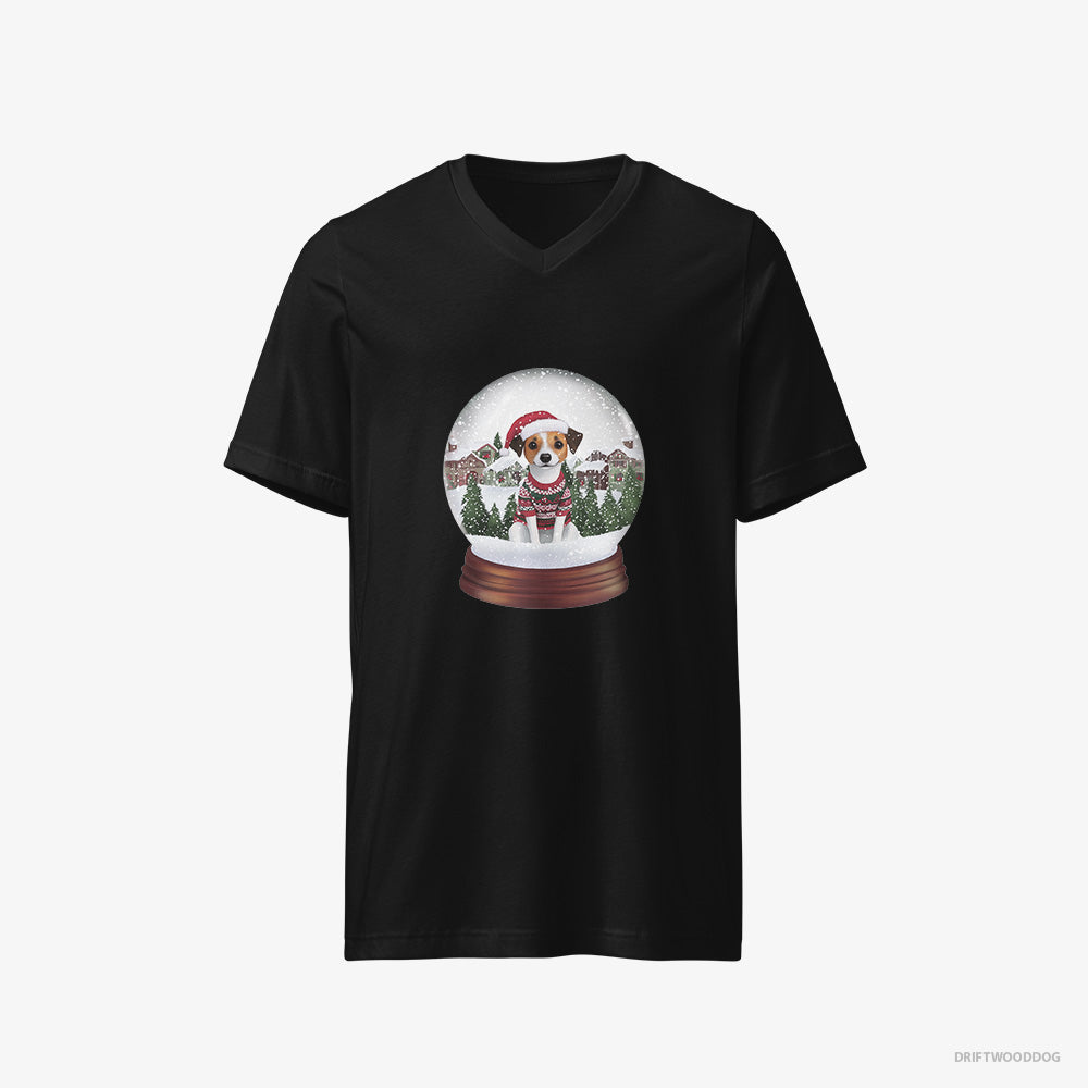 Jack Russell Terrier T-Shirt – Men Black T-Shirt V-Neck – Inside a Holiday Snow Globe (on White Background)