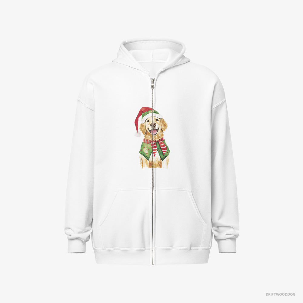 Golden Retriever Hoodie – Men White Hoodie Full-Zip – in Elf Attire (on White Background)