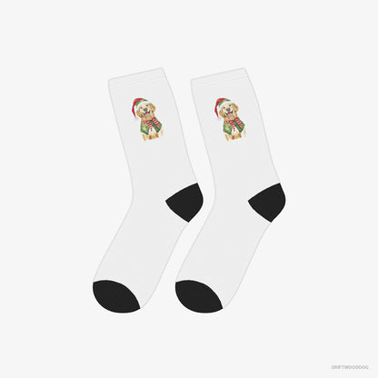 Golden Retriever Socks – Unisex White Socks Classic – in Elf Attire (on White Background)