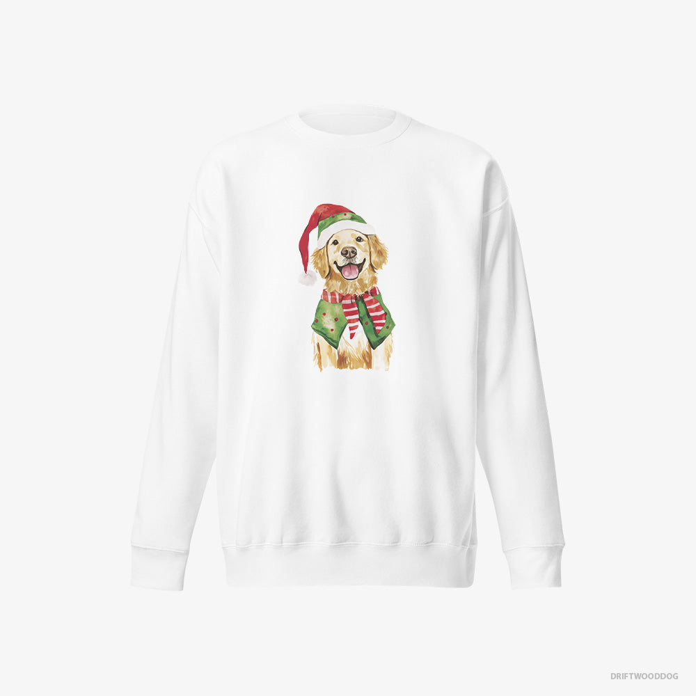 Golden Retriever Sweatshirt – Men White Sweatshirt Eco-Friendly – in Elf Attire (on White Background)