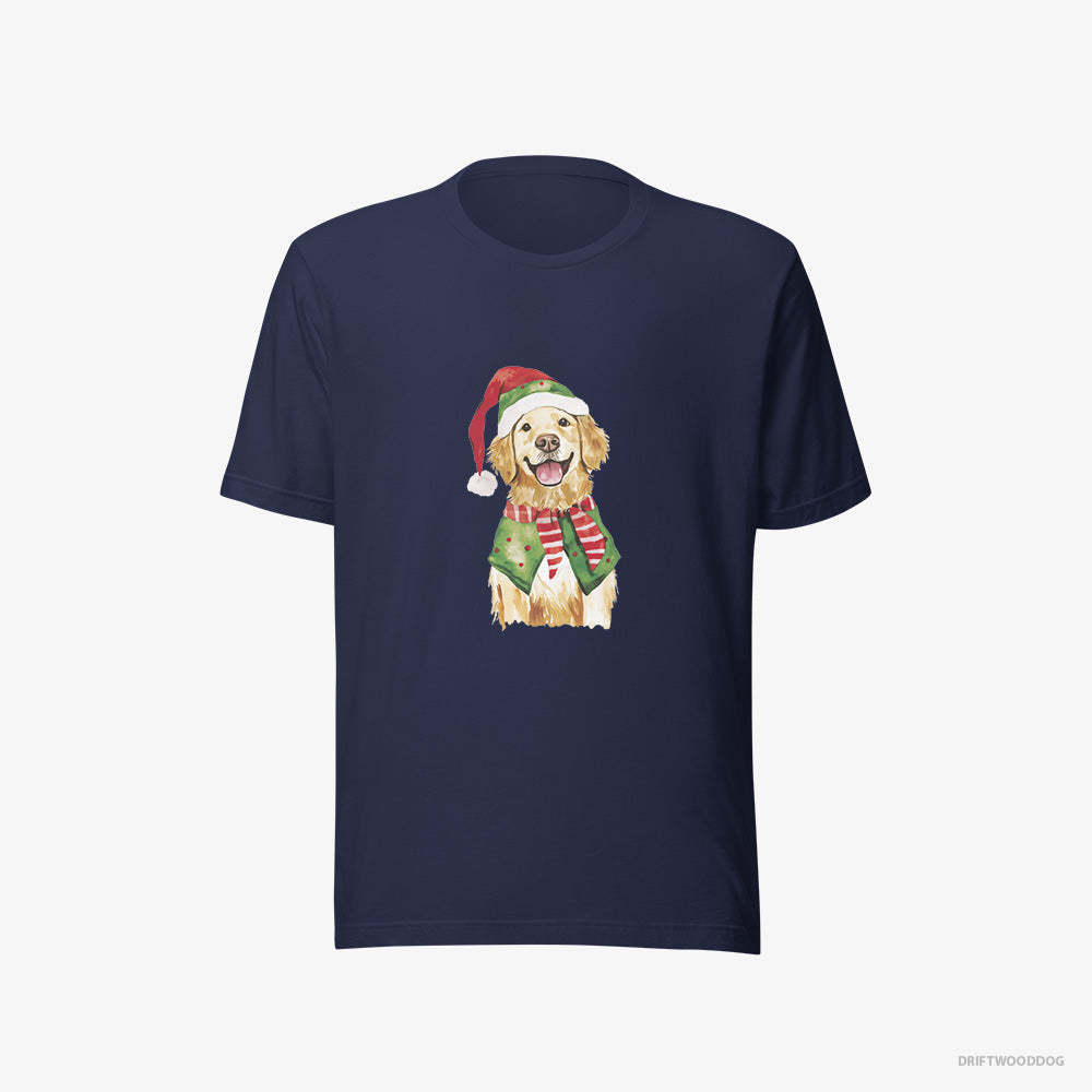 Golden Retriever T-Shirt – Women Navy T-Shirt Eco-Friendly – in Elf Attire (on White Background)