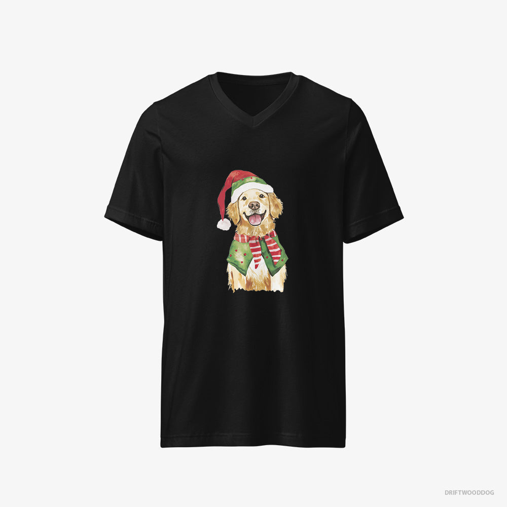 Golden Retriever T-Shirt – Men Black T-Shirt V-Neck – in Elf Attire (on White Background)